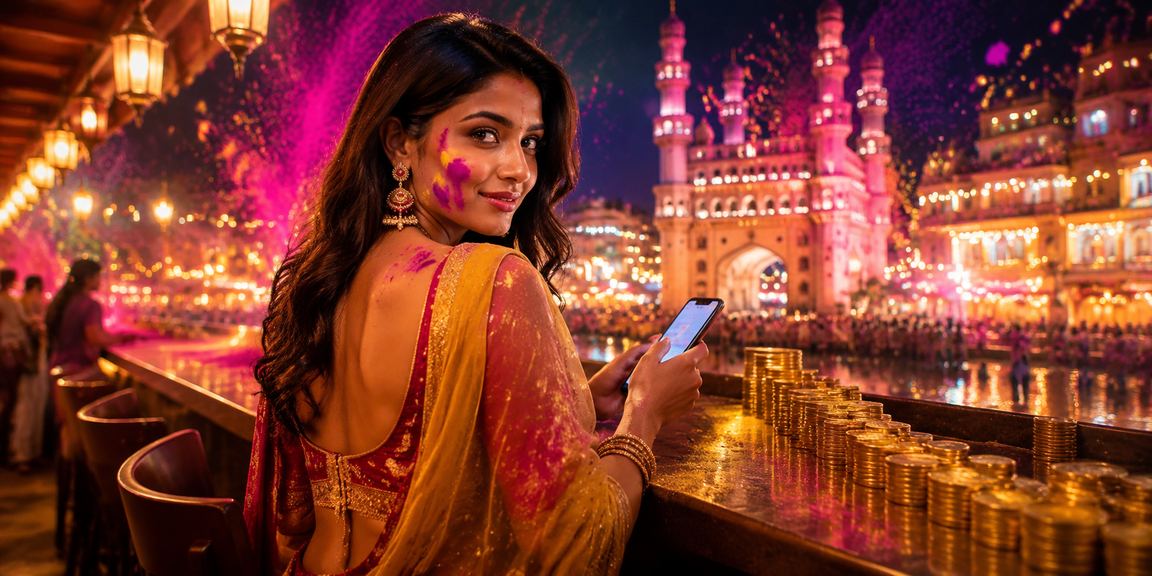 Crowd celebrating Holi festival near Hyderabad Charminar, playing lottery online