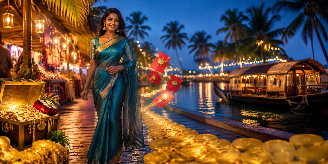 Woman holding a red envelope during festive season playing casino games on mobile in Kerala